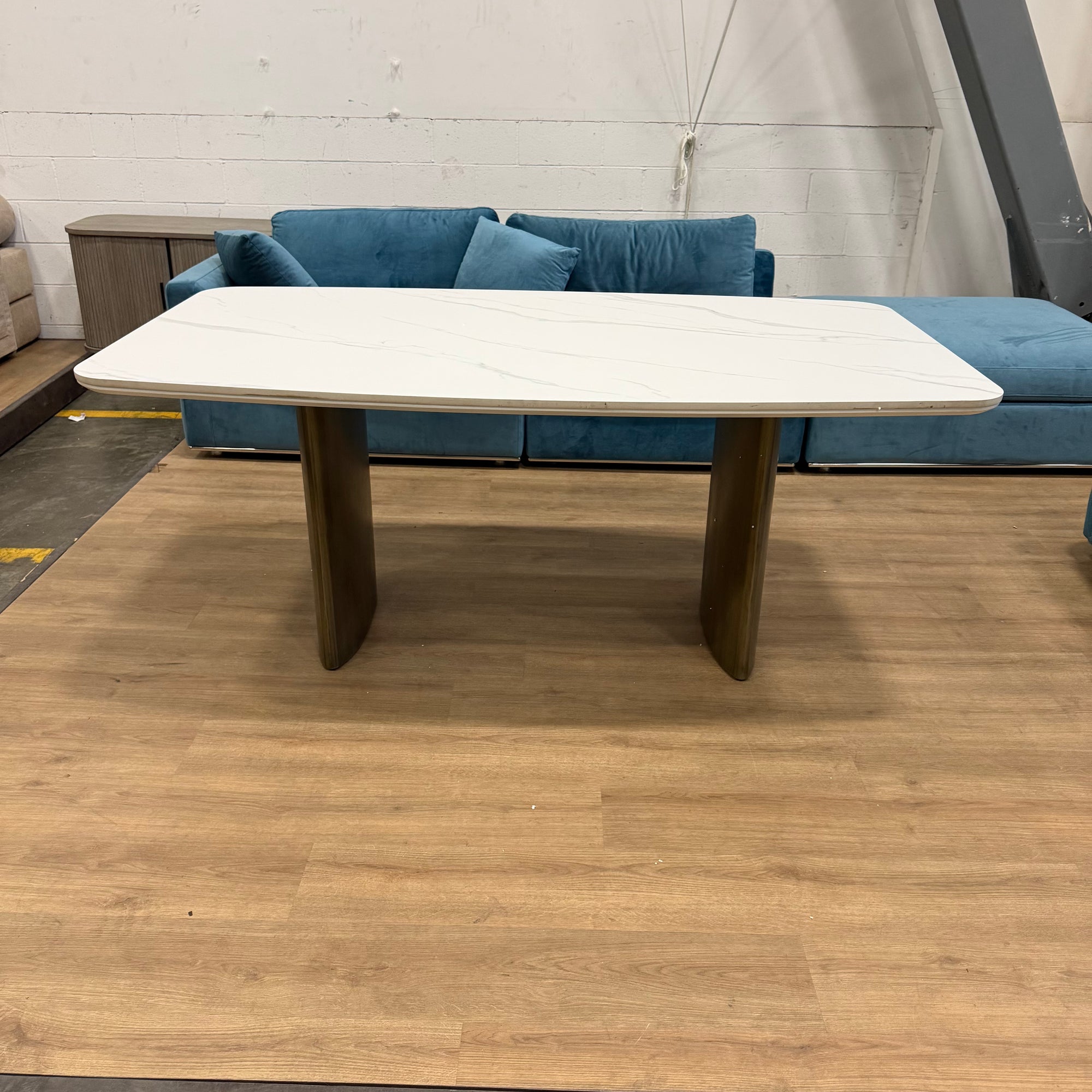 Solana Dining Table - White Calacatta Ceramic, Antique Brushed Brass Base, 71" | 180cm