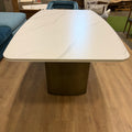 Solana Dining Table - White Calacatta Ceramic, Antique Brushed Brass Base, 71