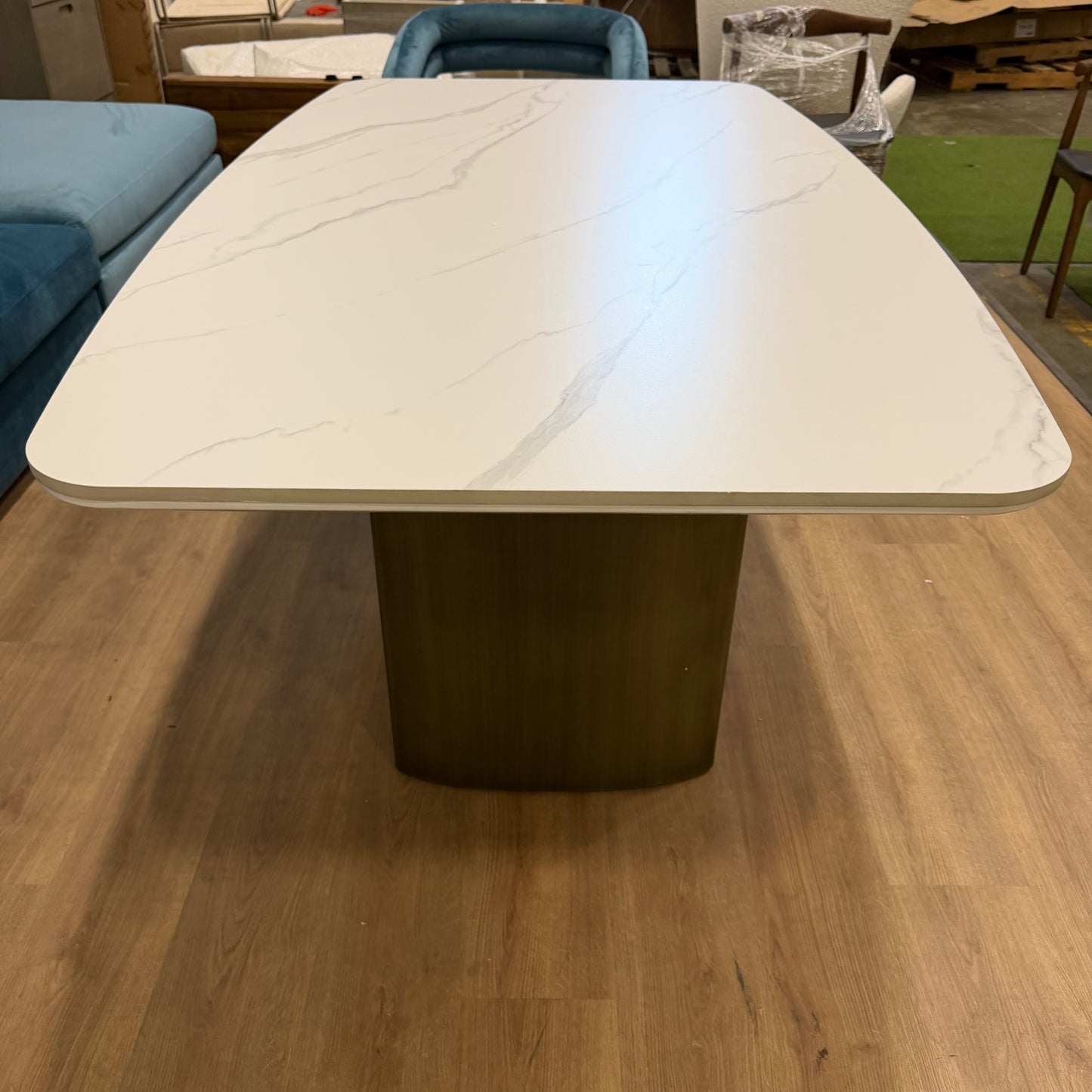 Solana Dining Table - White Calacatta Ceramic, Antique Brushed Brass Base, 71" | 180cm