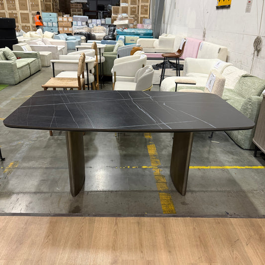 Solana Dining Table - Black Pietra Ceramic, Antique Brushed Brass Base, 71" | 180cm
