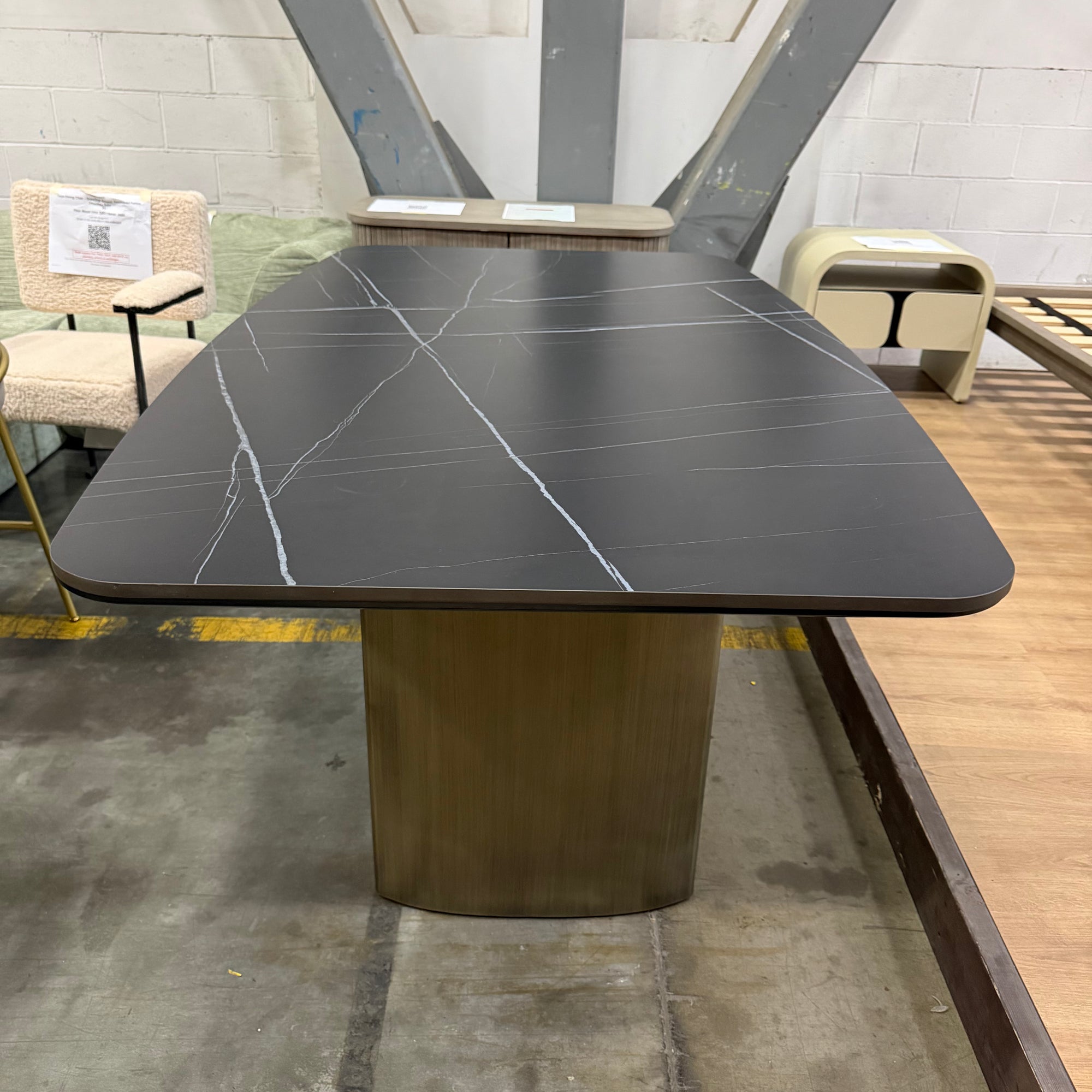 Solana Dining Table - Black Pietra Ceramic, Antique Brushed Brass Base, 71" | 180cm