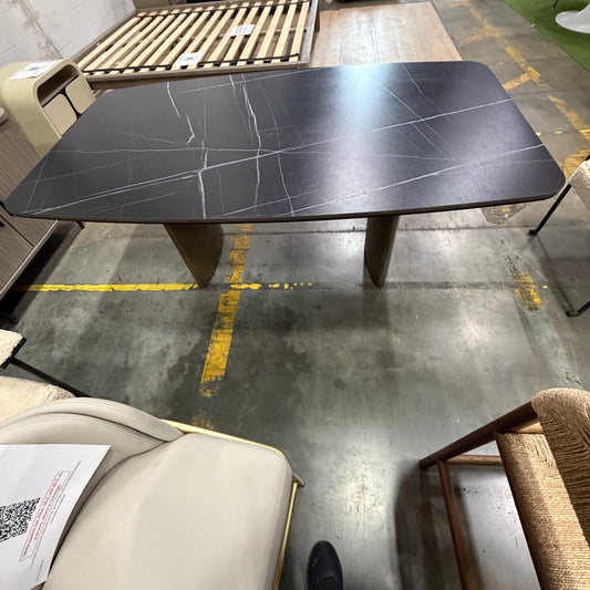 Solana Dining Table - Black Pietra Ceramic, Antique Brushed Brass Base, 71" | 180cm
