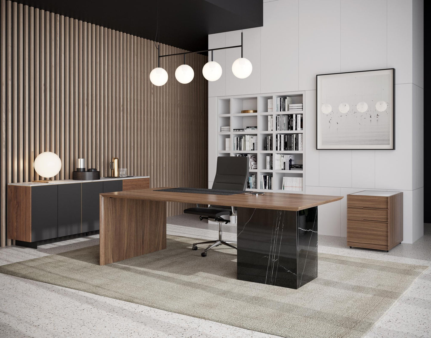 Gia Desk - Walnut Top - Black Marble Base Scene