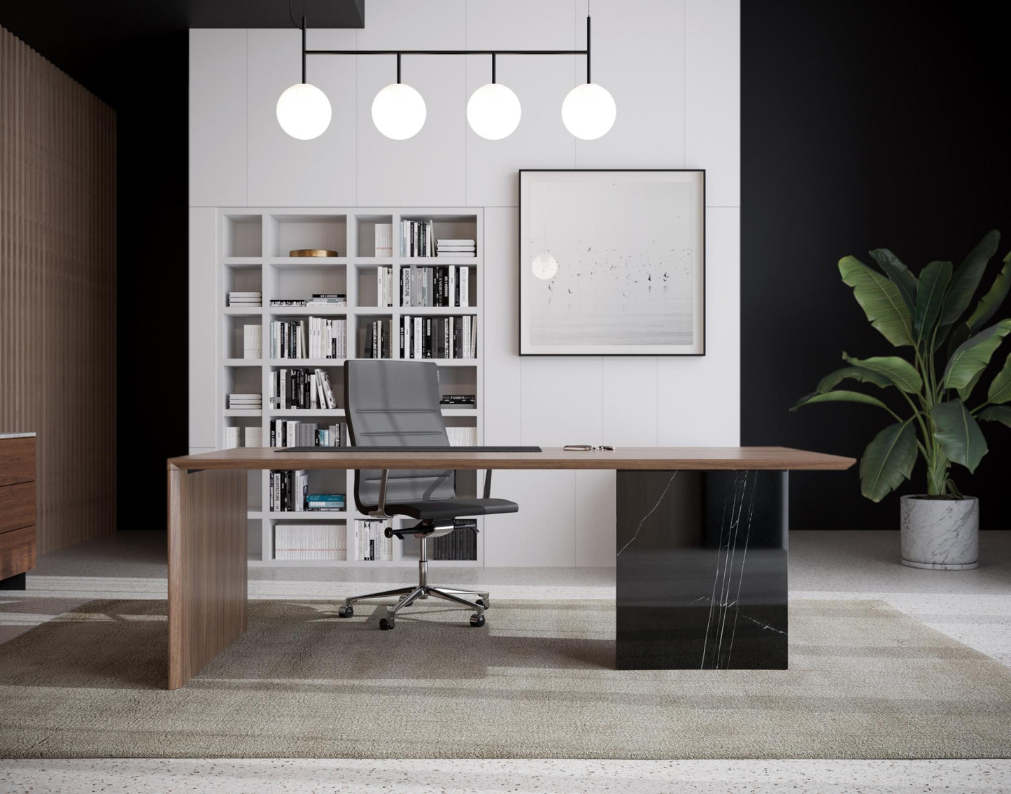 Gia Desk - Walnut Top - Black Marble Base Scene